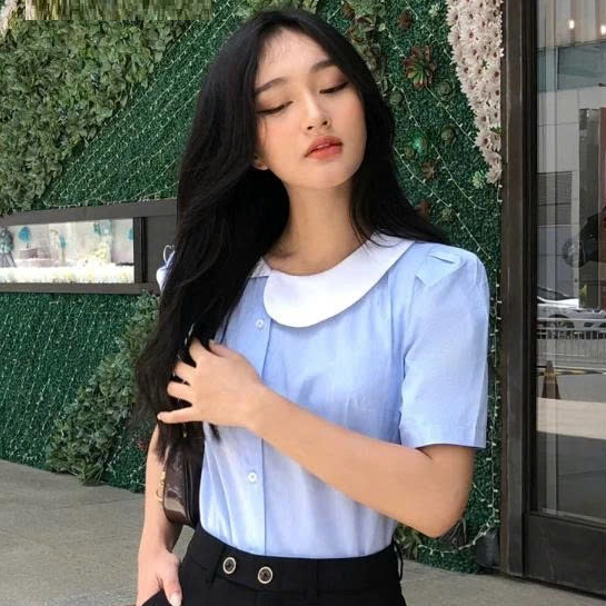 แจซี่ เสื้อเชิ้ตสํานักงานผู้หญิงปกบัววัสดุเย็นเสน่ห์สีฟ้าผสม6057