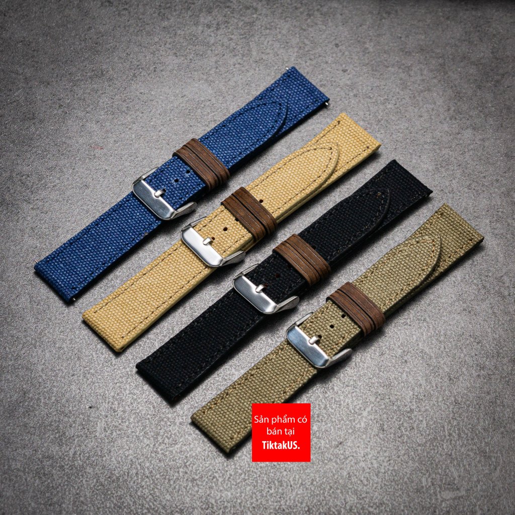 Sei.ko 5 สายนาฬิกาผ้าแคนวาสมีซับในหนังและหัวเข็มขัดเหล็ก Size 18mm to 22mm แถมฟรีน้ํายาล้างสาย