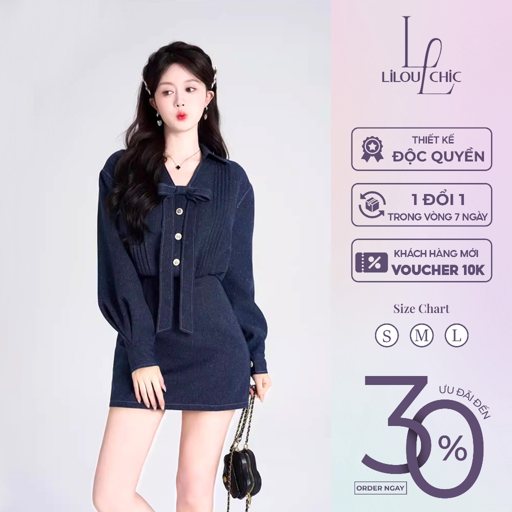 LILOU CHIC ชุดเดรสยีนส์ผู้หญิงแขนยาวและคอปกเปิดพร้อมโบว์ใหญ่เดรสยีนส์เจ้าหญิงเอวสูง รหัส DR01