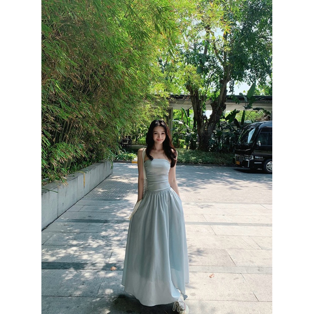 Y.JIA STUDIO @LienorderChina Y26-6656 เดรสยาวลูกไม้ด้านหลังมีกระเป๋าและสายรัด