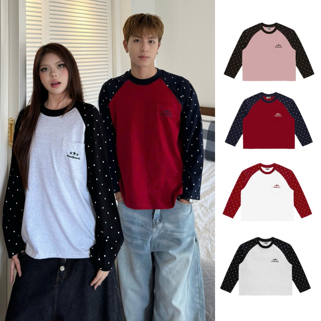 AB HOUSE - เสื้อยืดแขนยาว COZY ลายจุดสําหรับผู้ชายและผู้หญิง