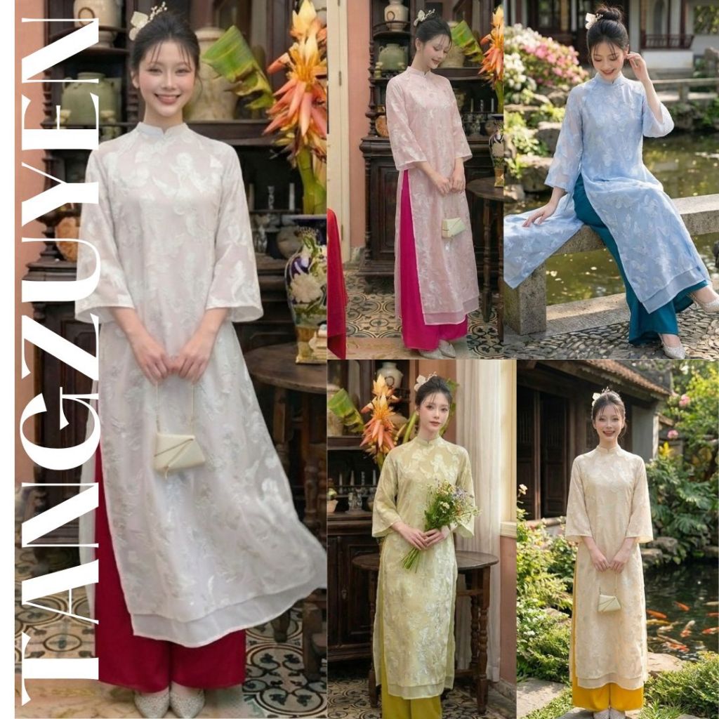 Renovated Ao Dai ที่มีรูปร่างตรงและดอกไม้ปักคุณภาพสูง - Ladys Ao Dai แขนสั้น 2 ชั้นหรูหรา (พร้อมกางเ