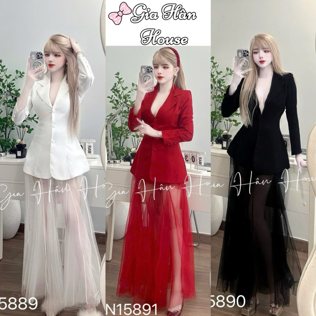 PVN650-Set Layout เสื้อกั๊กตัวยาวคอ V ลึกและกระโปรงตาข่ายซีทรู