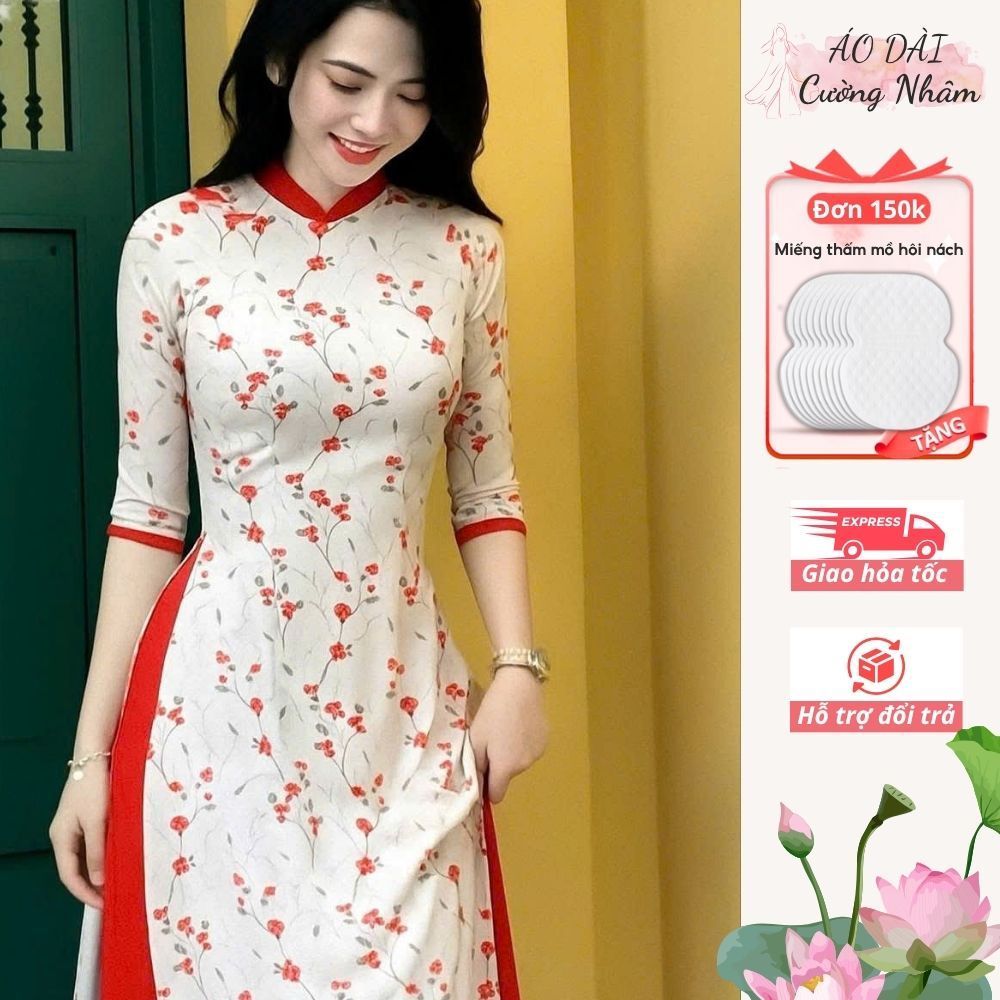 Ao Dai แบบดั้งเดิมด้วยดอกไม้เล็กๆ ผ้าไหมญี่ปุ่นคุณภาพสูง แบบมาตรฐาน ทุกขนาด S-5XL