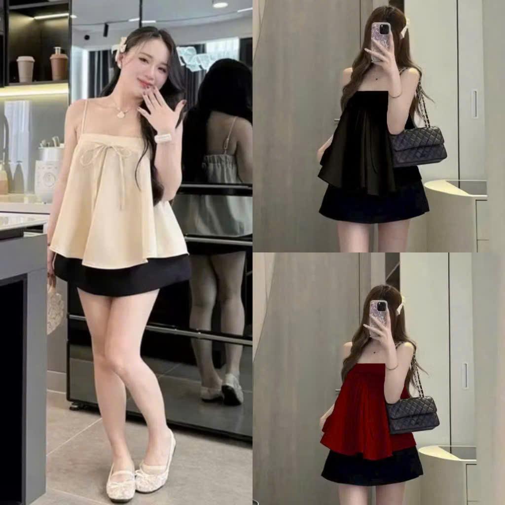 ชุดฤดูใบไม้ผลิและฤดูร้อนพร้อมเสื้อคล้องคอผูกโบว์และกางเกงกระโปรงวัยรุ่น_sbt_1834