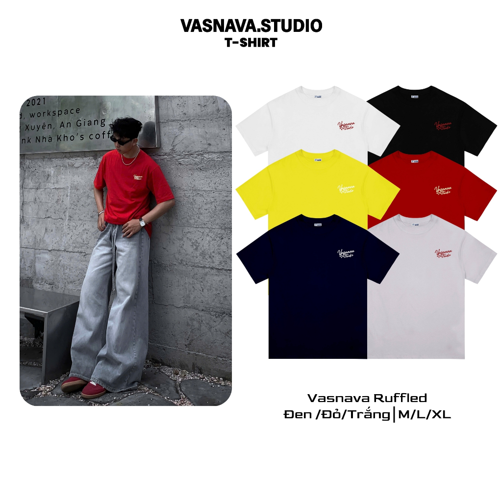 Vasnava Ruffled ปักเสื้อยืด 250gsm - ผ้าฝ้ายผู้ชายและผู้หญิง Unisex หลวมแขน Oversize รอบคอผู้หญิง - Menswear