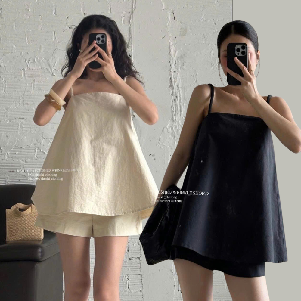 ชุดเสื้อกล้าม 2 ชิ้นเพรียวบางพร้อมกางเกงขาสั้นเอวสูง KEMI ชุดสีทึบหรูหรา SAN เสื้อผ้า - P185
