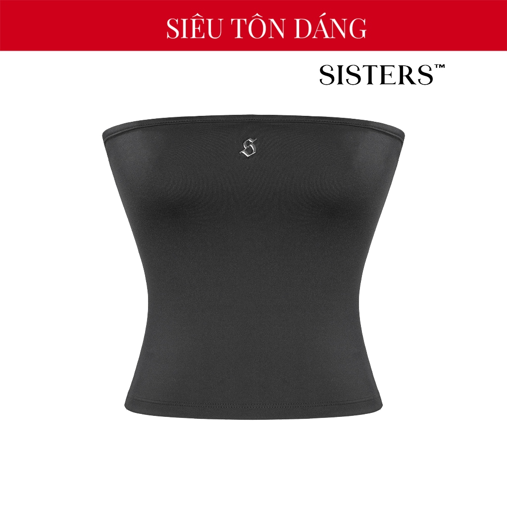 SISTERS เสื้อท่อสีดํายืดกระชับสัดส่วนพร้อมโลโก้สแตนเลสลายธรรมดาพื้นฐานสุดยอดแบนขึ้นเซ็กซี่ Aster | S