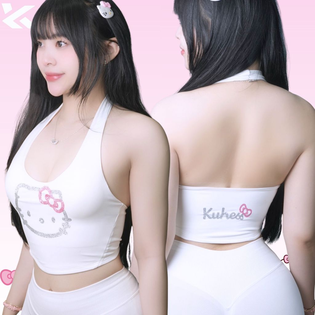เสื้อโครเชต์ลายคิตตี้ของผู้หญิงยืดดูดซับเหงื่อเหมาะสําหรับยิมโยคะวิ่งพิลาทิส- ลึก ค1