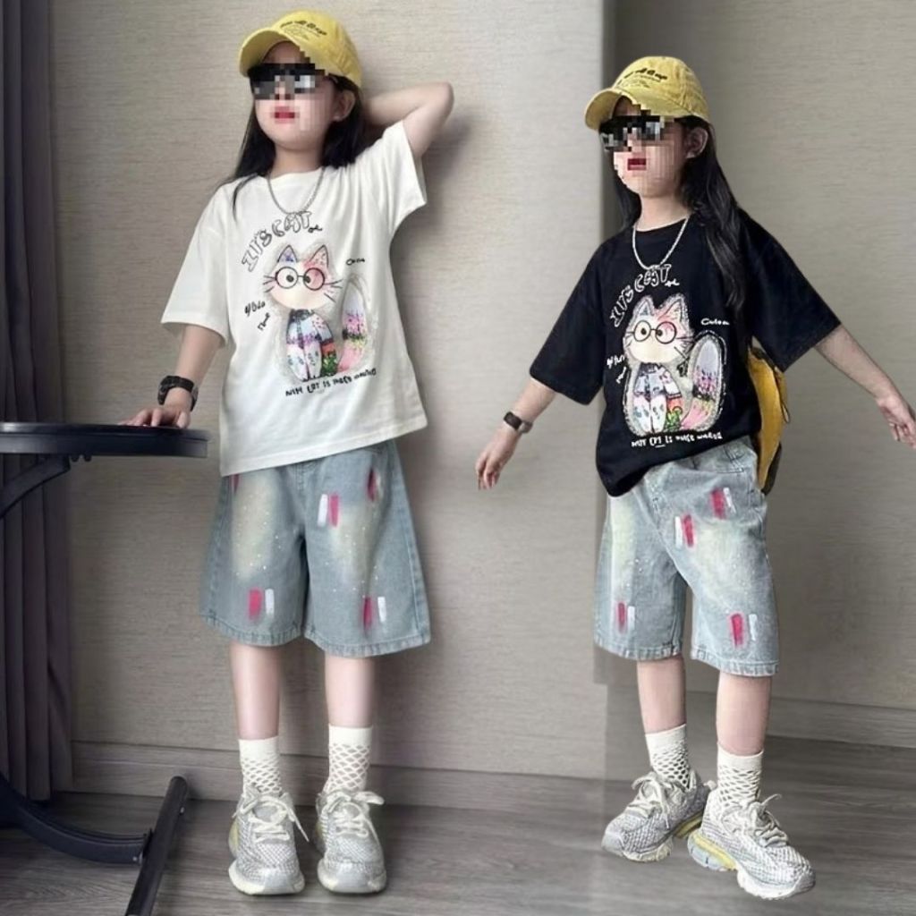 กางเกงยีนส์ขาสั้นสําหรับเด็กผู้หญิงกางเกงยีนส์ยืดนุ่มทุกขนาดตั้งแต่ S - 4XL แฟชั่นเด็ก QN7