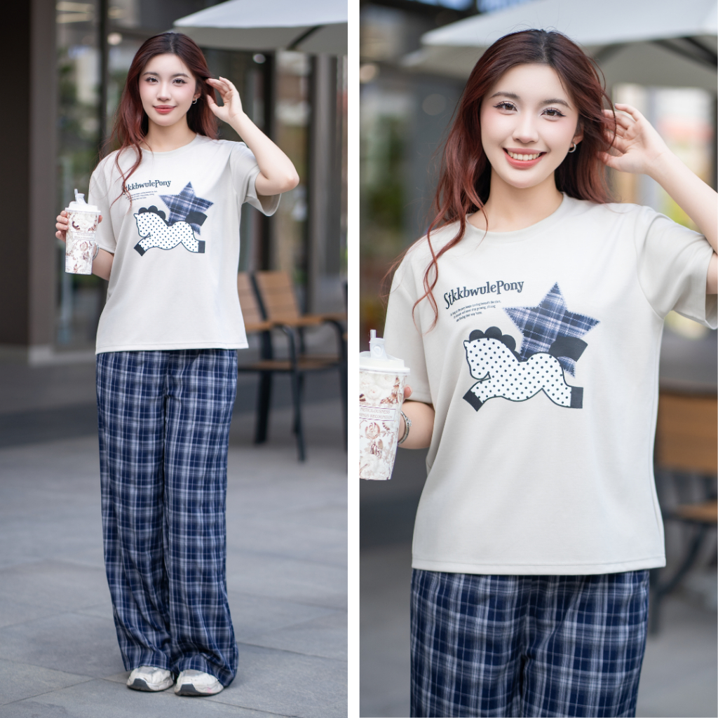 LAROMA Set Womens Clothing Set เสื้อยืดแขนสั้น Cozy Loose Long Pants BN41 | ผ้าคอตตอนโมดอล - นุ่มและ