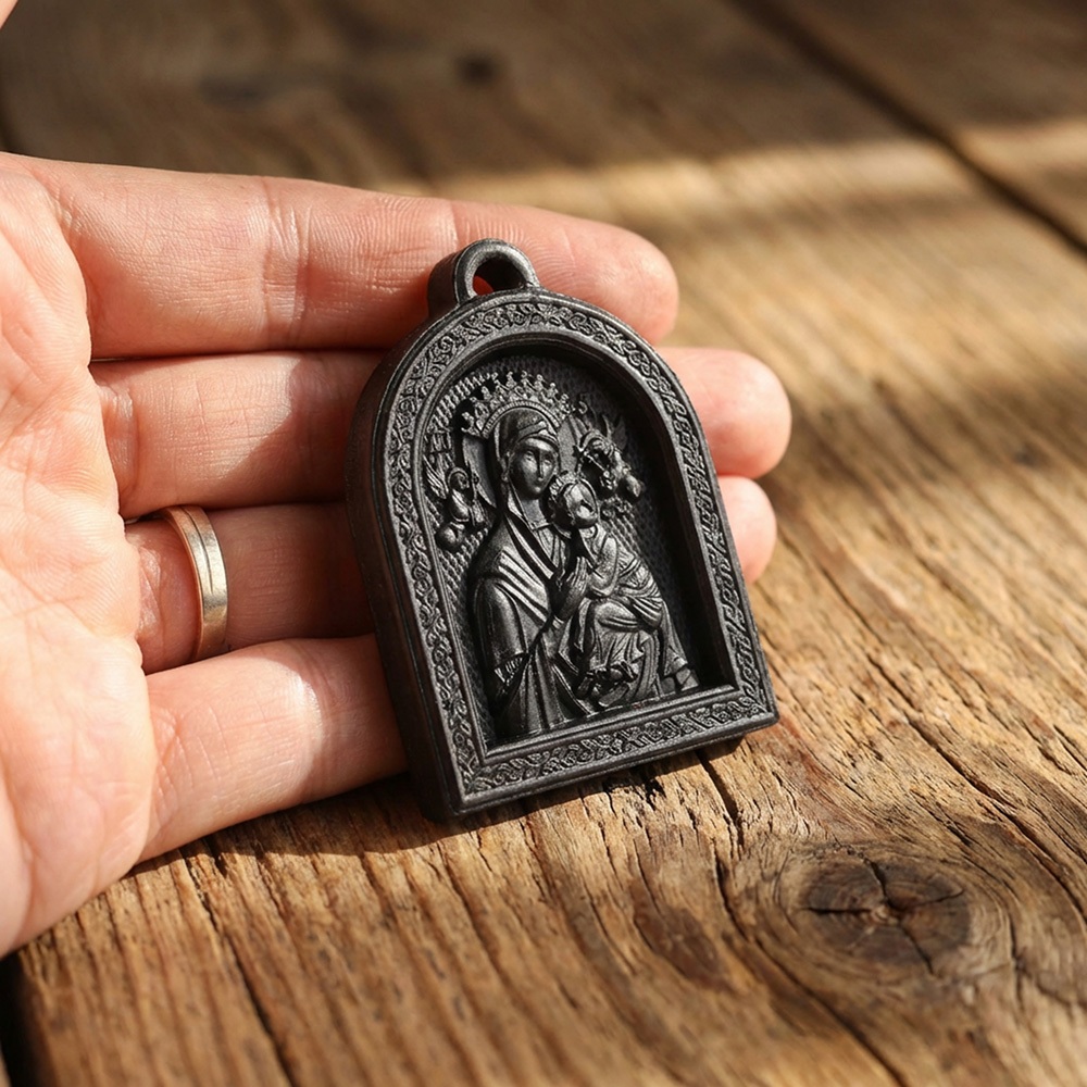Handmade Ebony Our Lady of Perpetual Help สร้อยคอ - ของขวัญคาทอลิก