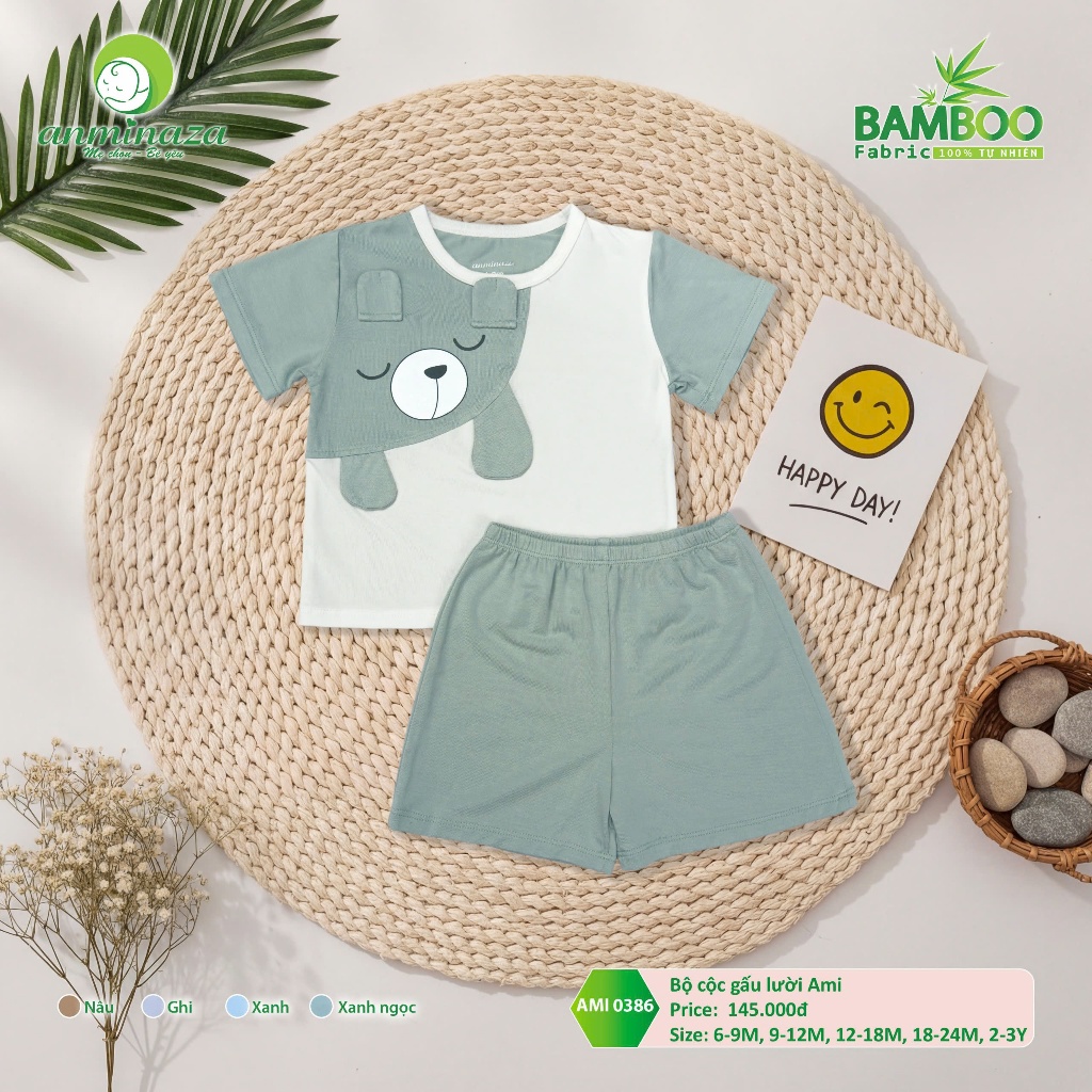 Anminaza AMI0386 Lazy Bear Boy Shorts Set ผ้าใยไผ่สําหรับเด็กตั้งแต่ 6M-3Y