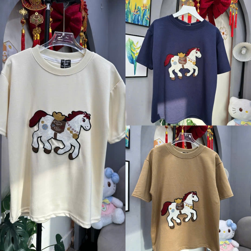 เสื้อยืด Uniphook ปักม้า GOOD LUCK Loose Form Cool Noodles – GenZ เสื้อยืดอินเทรนด์พื้นฐานสําหรับทั้