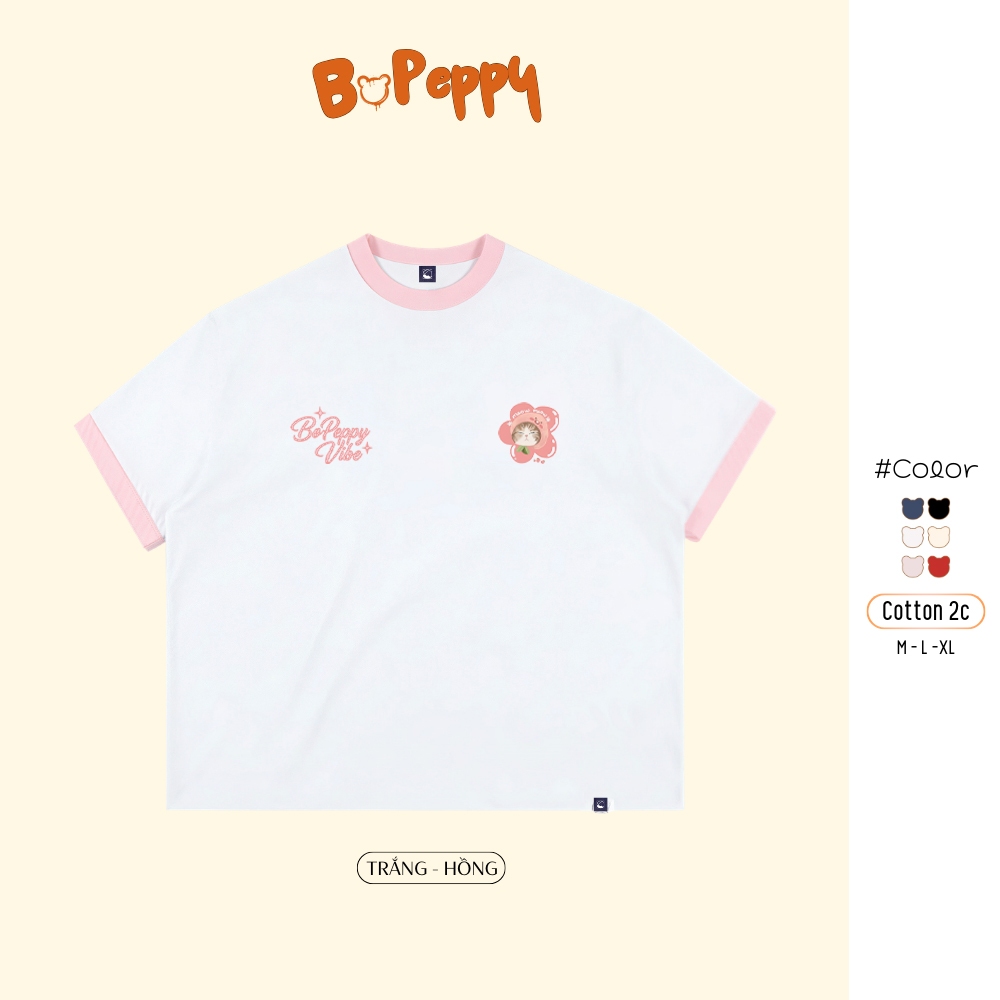 Boxy Ringer BOPEPPY BP94 Floral Cat Code - เสื้อยืดแขนกุดผ้าฝ้าย 2 ทางอินเทรนด์พร้อมคอปกและแขนเสื้อ