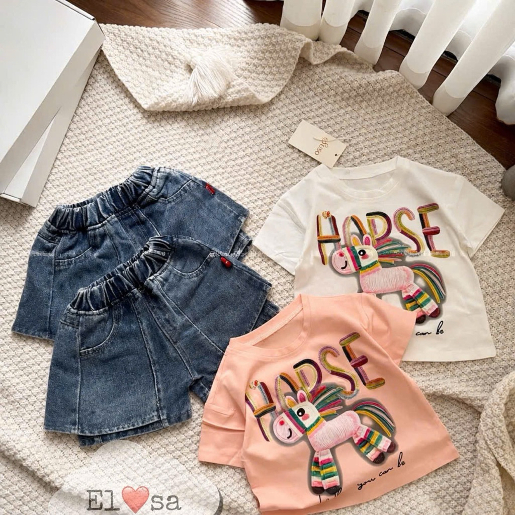 เสื้อผ้าเด็กผู้หญิง - เสื้อยืดม้าสุดน่ารัก + ชุดยีนส์สําหรับเด็กผู้หญิงอายุ 1-8 ปี