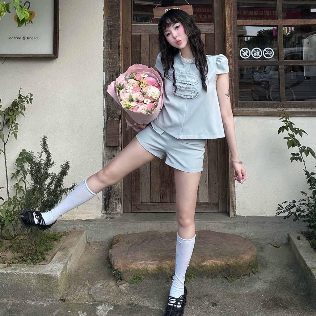 [Available Brown-Black-Cream] Joco Set - เสื้อแขนระบาย - กางเกงขาสั้นแนวราบ
