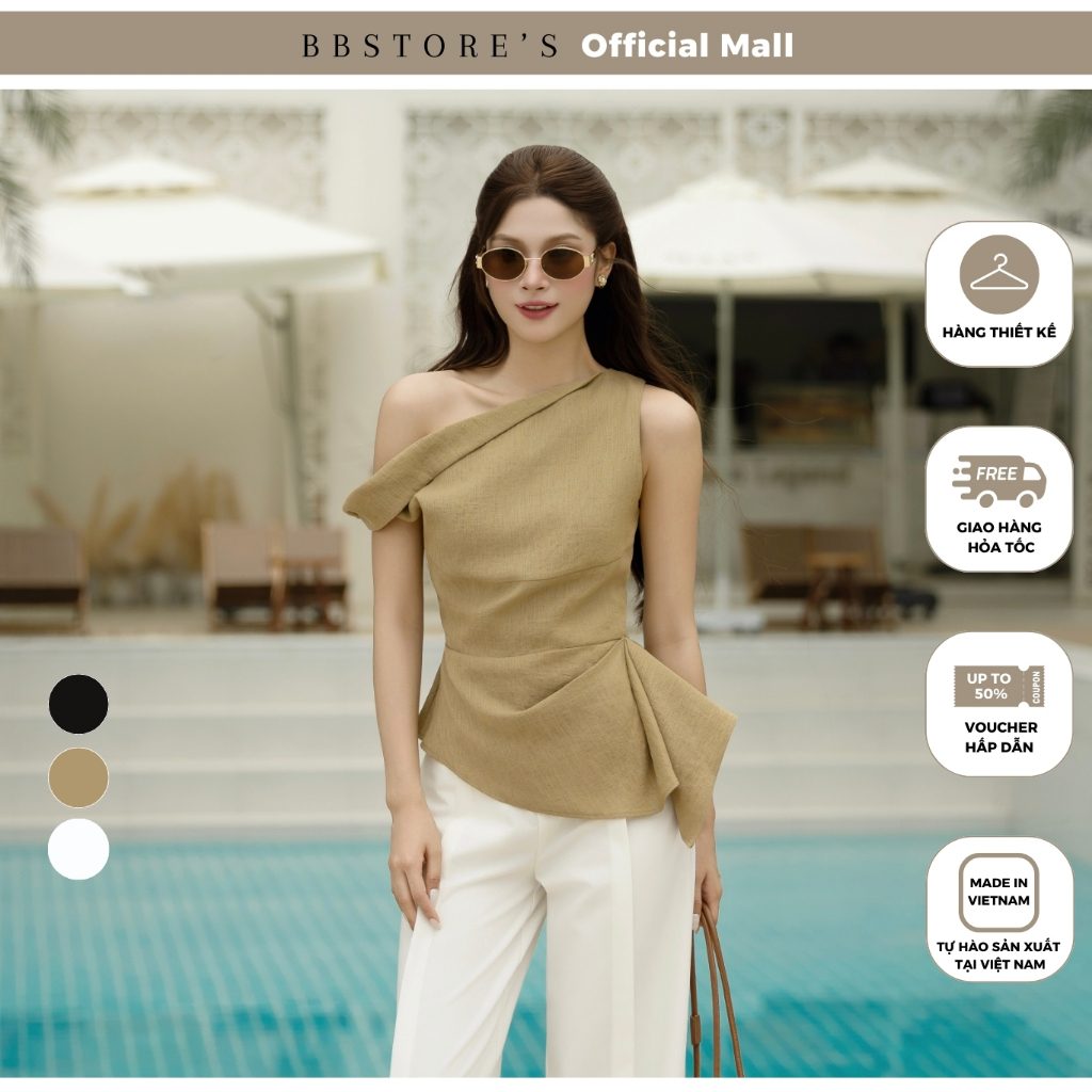 [BBSTORES] เสื้อเชิ้ตสตรีผ้าลินินเปิดไหล่ลายไม้คอปกจีบเอียง - AAC44T