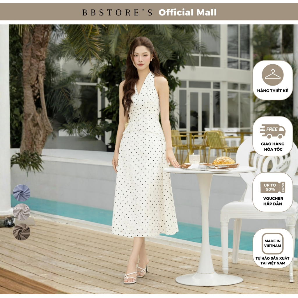 BBSTORES ชุดเดรสสตรีทผ้าฝ้ายตัวยาวมีกระดุมคอปกบานสไตล์กระเป๋า - DAC42B