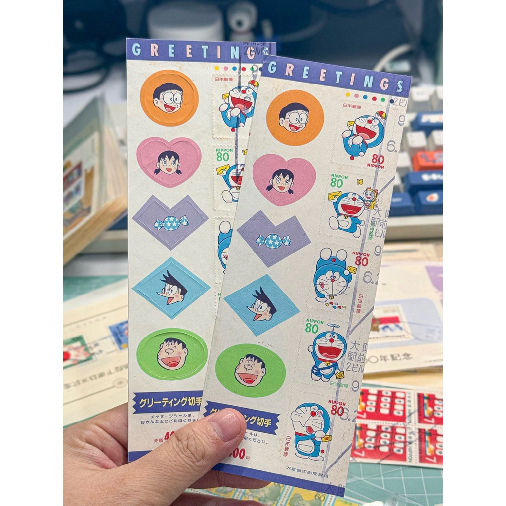[จํากัด] ญี่ปุ่น - แผ่นแสตมป์ไปรษณีย์ญี่ปุ่น | แผ่นสติ๊กเกอร์แสตมป์อวยพรโดราเอมอน 80yen 1997 (1) | ม