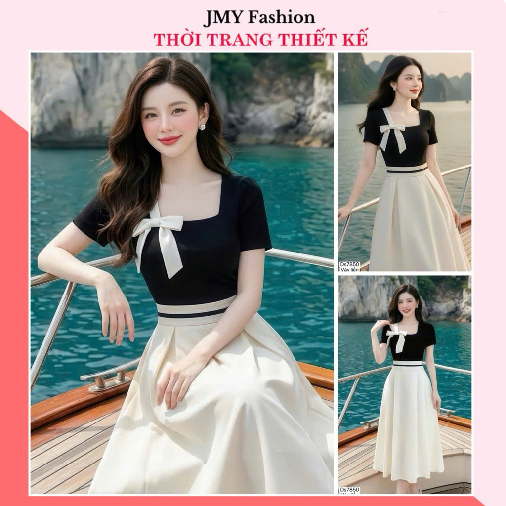 (FIRE) DS7850 เดรสคอเหลี่ยมบานสีดําพร้อมกระโปรงสีครีมผู้หญิง [Dolce Viva Collection (DVC)]