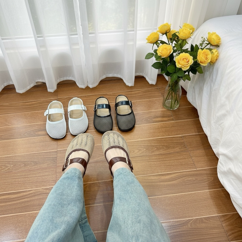 Zinzin3456- S19 - รองเท้าตาข่ายผู้หญิงพร้อมพื้นรองเท้านิ้วเท้ากลม 4 ซม. - รองเท้าผู้หญิงระบายอากาศได