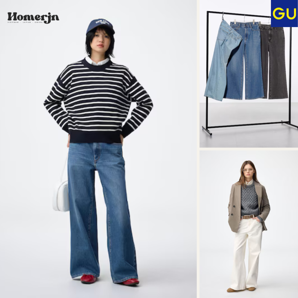 มี L สีน้ําเงิน [GU JAPAN] - กางเกงยีนส์เดนิมขาบาน GU Baggy Basic Japanese Wide Flare