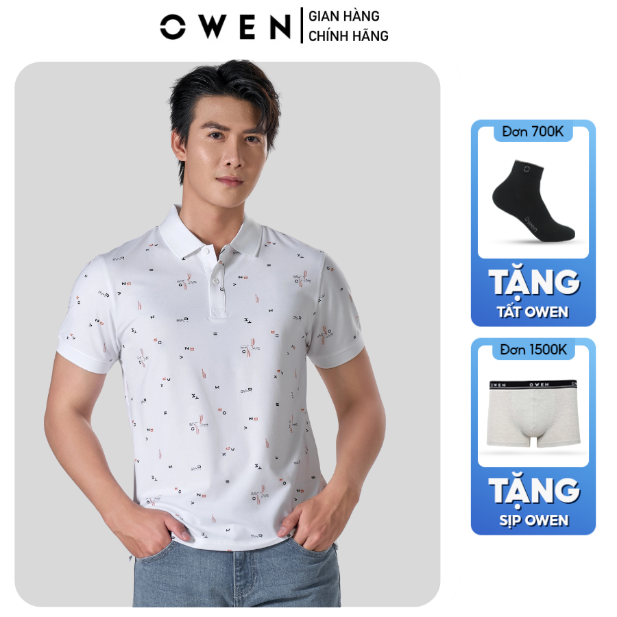 OWEN APV เสื้อโปโลผู้ชายแขนสั้นคอปก253617 สีขาวลายบอดี้ฟิตผ้าคอตตอนนิ่มลดวัย