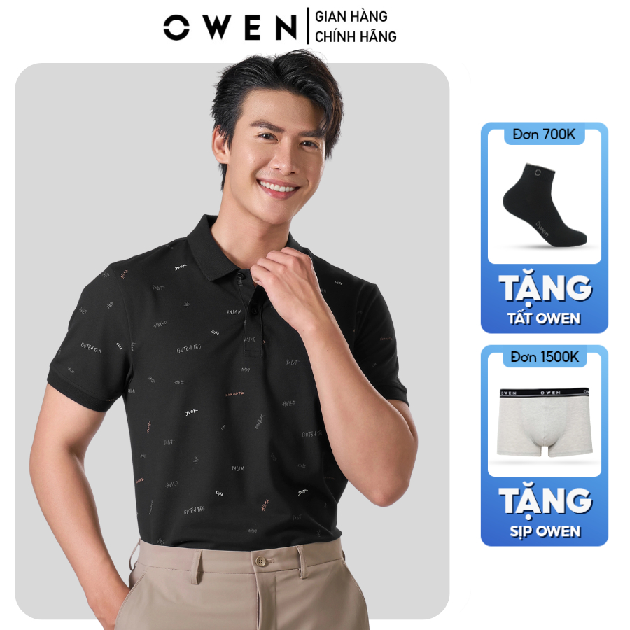 OWEN APV เสื้อโปโลผู้ชายแขนสั้นคอปก253618 สีดําลายบอดี้ฟิตผ้าคอตตอนนิ่มลดวัย