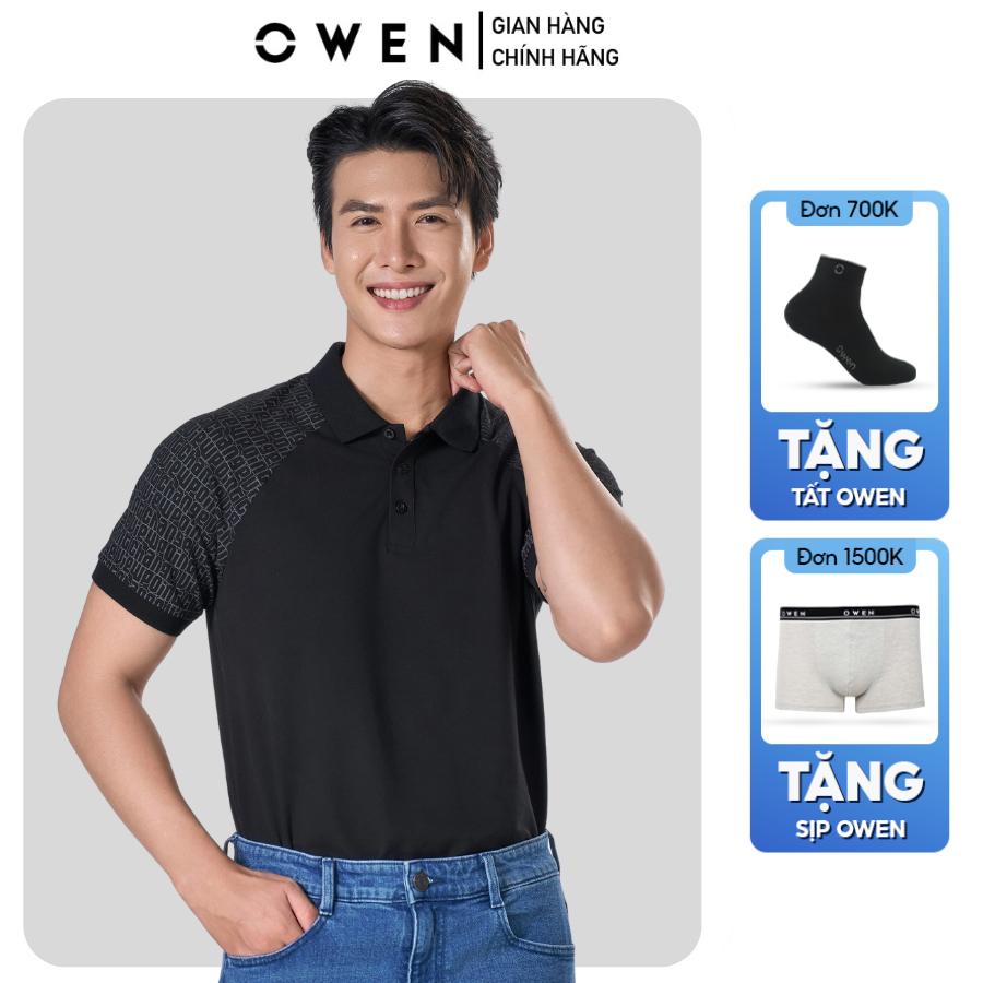 OWEN APV เสื้อโปโลผู้ชายแขนสั้นคอปก253623 สีดําลายบอดี้ฟิตผ้าคอตตอนนิ่มลดวัย