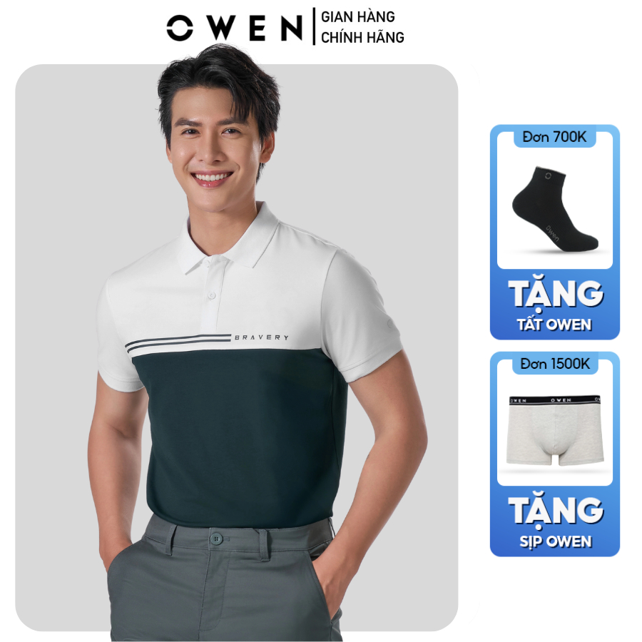 OWEN APV เสื้อโปโลผู้ชายแขนสั้นคอปก253620 สีขาวผสมบอดี้ฟิตผ้าคอตตอนนิ่มลดวัย