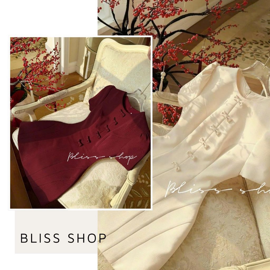 [การออกแบบระดับไฮเอนด์] Bliss Shop เดรสสั้นคอกลมนุ่มหรูหราลายโบว์แนวตั้ง - V790