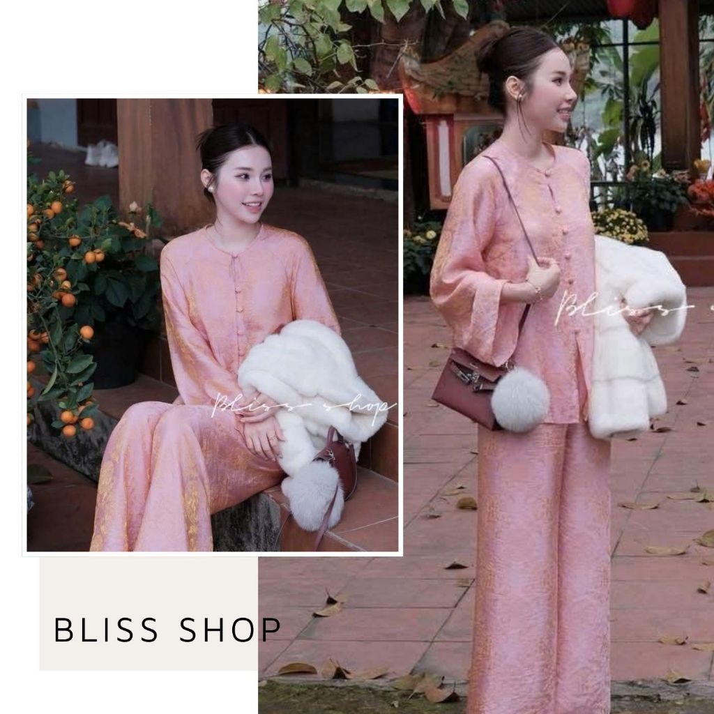 [การออกแบบระดับไฮเอนด์] Bliss Shop ชุดเสื้อคอกลมและกางเกงผ้าไหมทรงตรงเมทัลลิกหรูหรา - S388