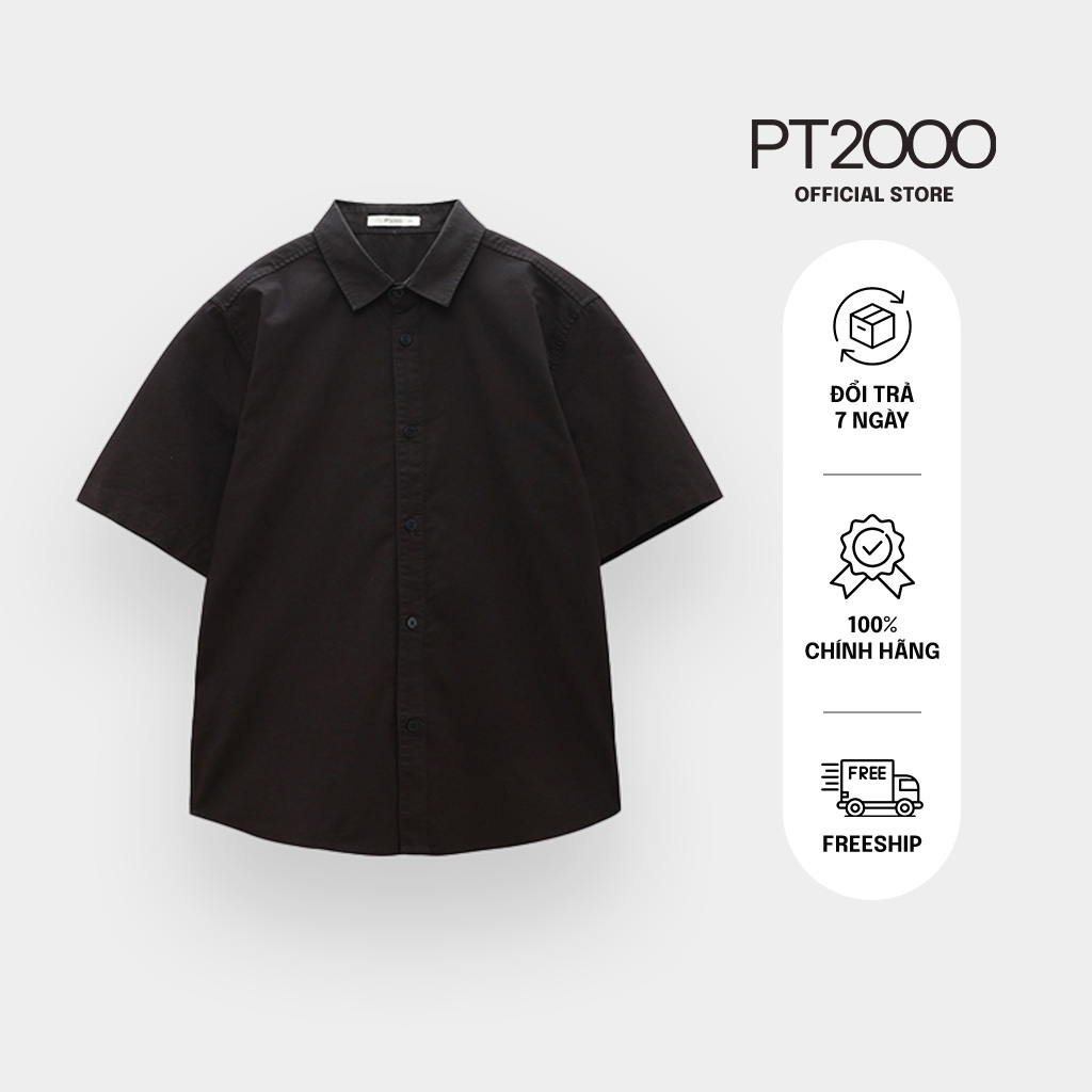 เสื้อเชิ้ตแขนสั้นผู้ชายสีดําล้วน PT2000 ผ้าคอตตอนเท่ๆ อ่อนเยาว์ (SMM-N939)