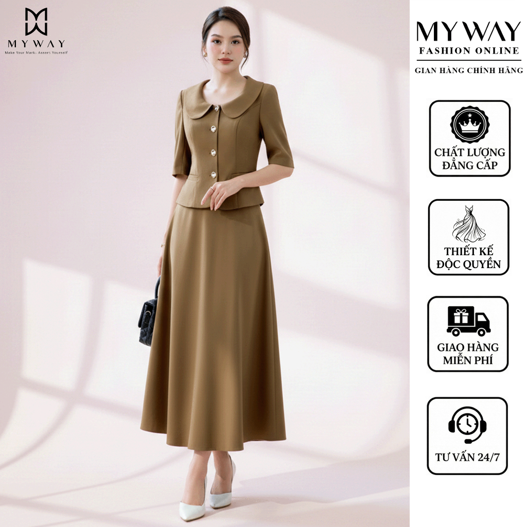 Gabadene สีน้ําตาลผู้หญิงชุดเสื้อกั๊กรอบคอ Elegance MY WAY Elegant Flared กระโปรง 3MVB1569 3MCXB292