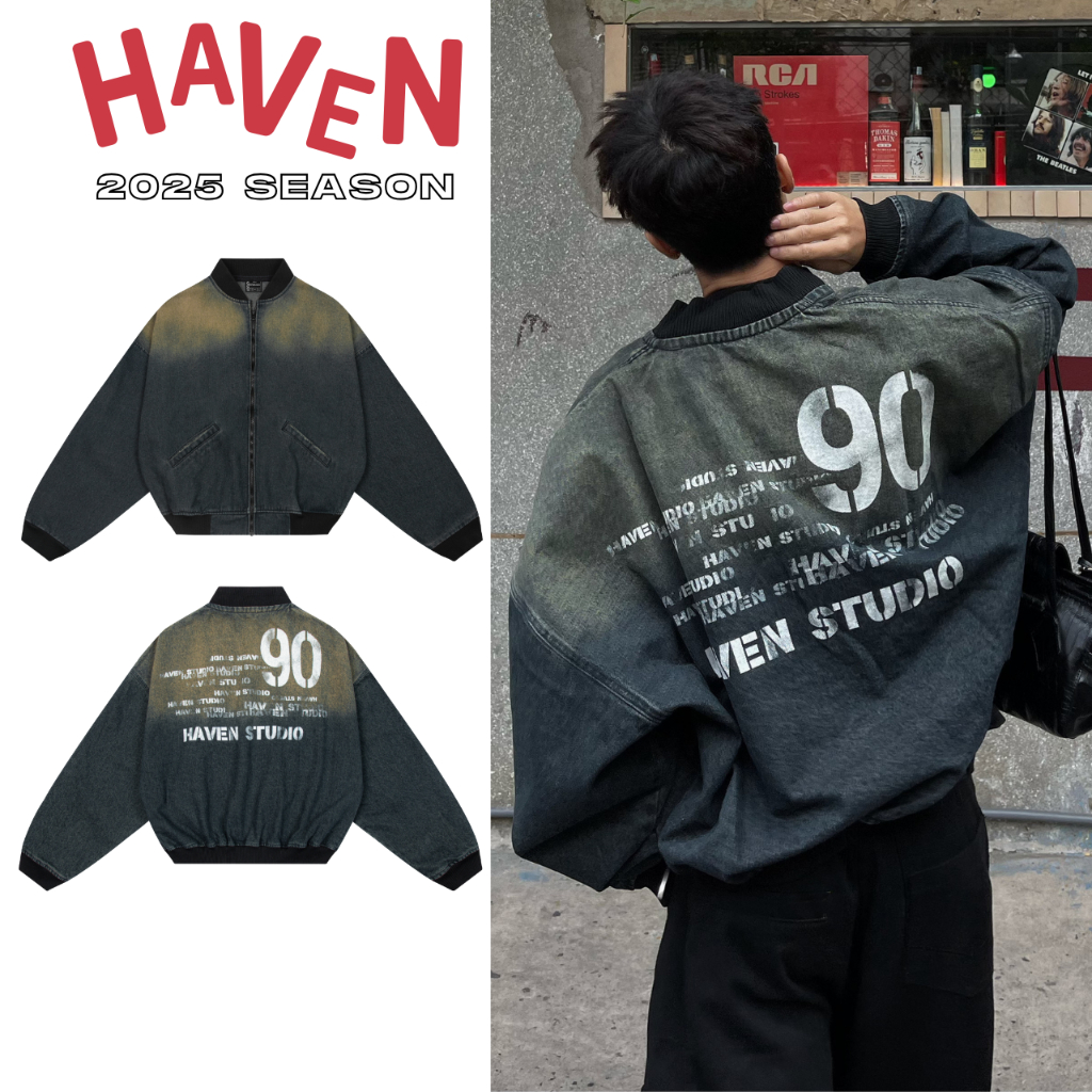 Haven Studio Jeans Bomber Jacket Loose Form Washed Jeans for Men and Women Streetwear Style มีให้เลื