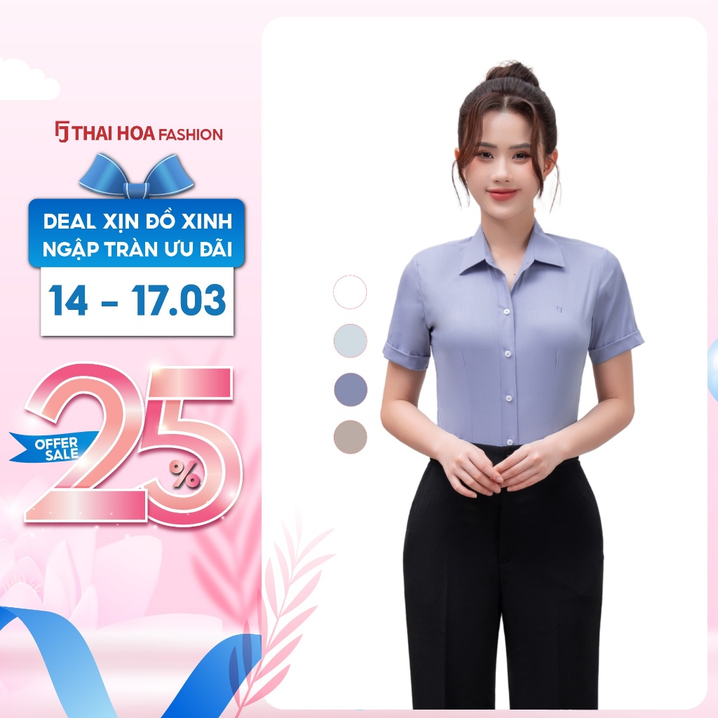 เสื้อเชิ้ตแขนสั้นผู้หญิง Thai Hoa 25ASW-265 ผ้าคอตตอนผสมวิสคอส ลายทอซ่อนหรูหรา