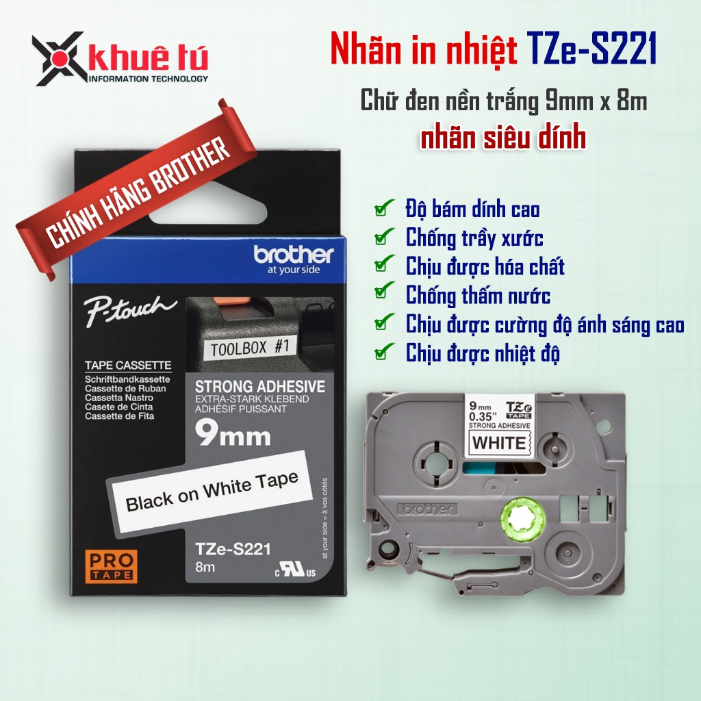 ป้ายพิมพ์ลาย Brother TZe-S221 (ป้ายเหนียวสุดๆ ขนาด 9mm x 8m - ข้อความสีดําบนพื้นหลังสีขาว)