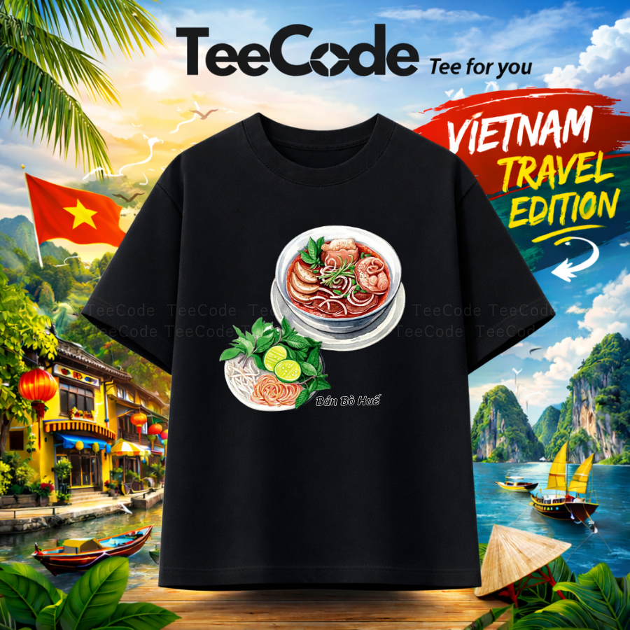 เสื้อยืดเวียดนาม HUE BEEF Noodles Vietnam Food Travel Letter พิมพ์ผู้ชายและผู้หญิง Unisex คอกลมแนวโน