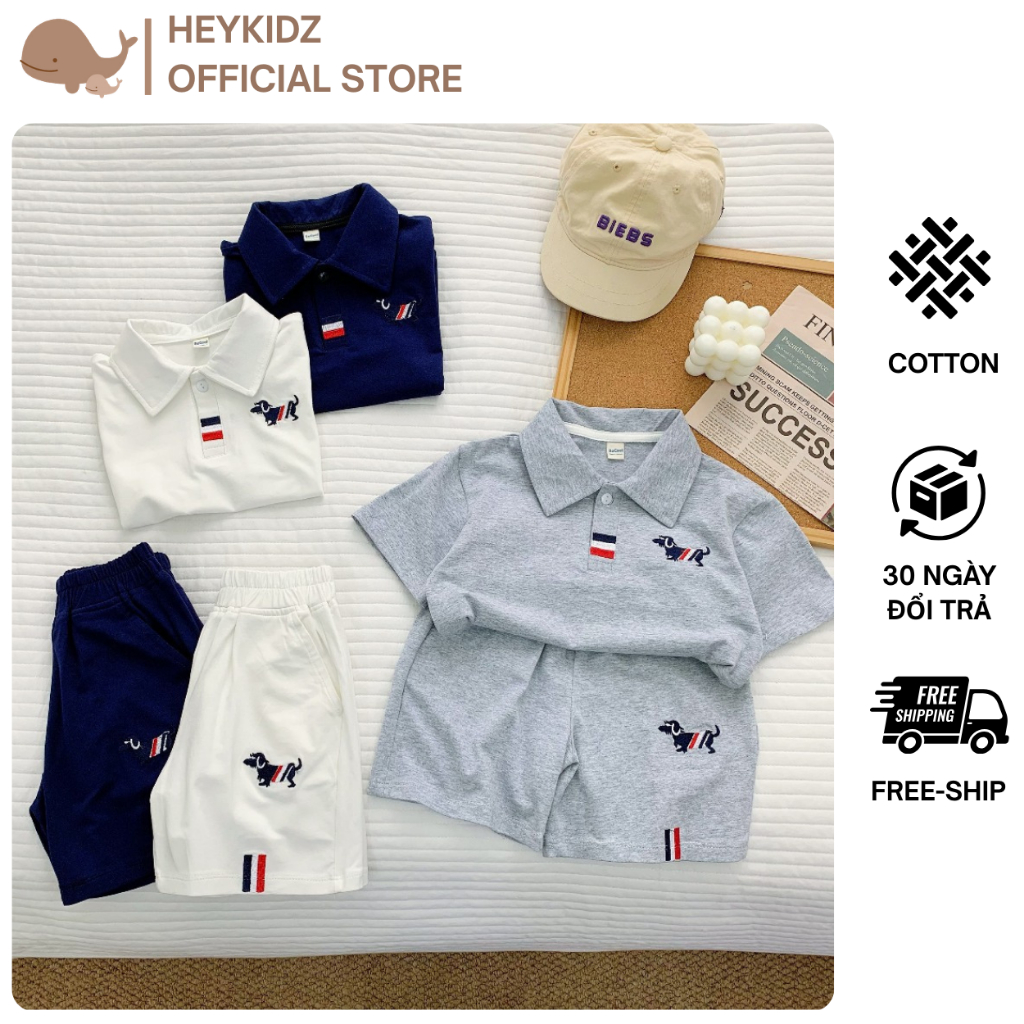 เสื้อผ้าเด็กผู้ชายสไตล์โปโลพร้อมเย็บปักถักร้อยสุนัข, ชุดเสื้อผ้าเด็กผู้ชายผ้าฝ้าย 4 ทาง ดูดซับเหงื่อ