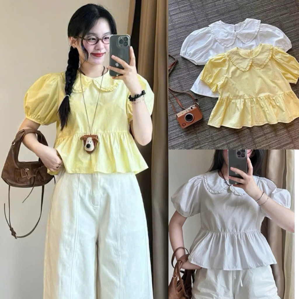 เสื้อเชิ้ต babydoll น่ารักแขนพองสั้นคอปกบัว BVA15