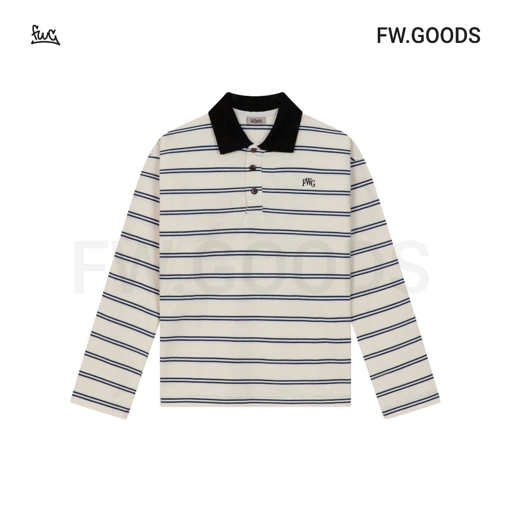 FW.GOODS - Rugby Polo Striped Collar Shirt Boxy - เสื้อยืดแขนยาวลายทางสําหรับผู้ชายและผู้หญิง