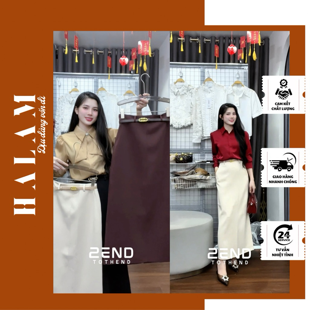 [ฮ่าๆ] กระโปรงทรงสอบยาวแถมเข็มขัด-รหัส6858