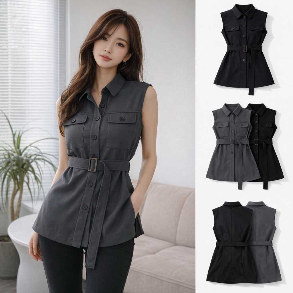 THE HIFU - เสื้อเชิ้ตทรงตรงคอปก Gilet ดีไซน์กระเป๋าเข็มขัดเรียบหรู 2 สี