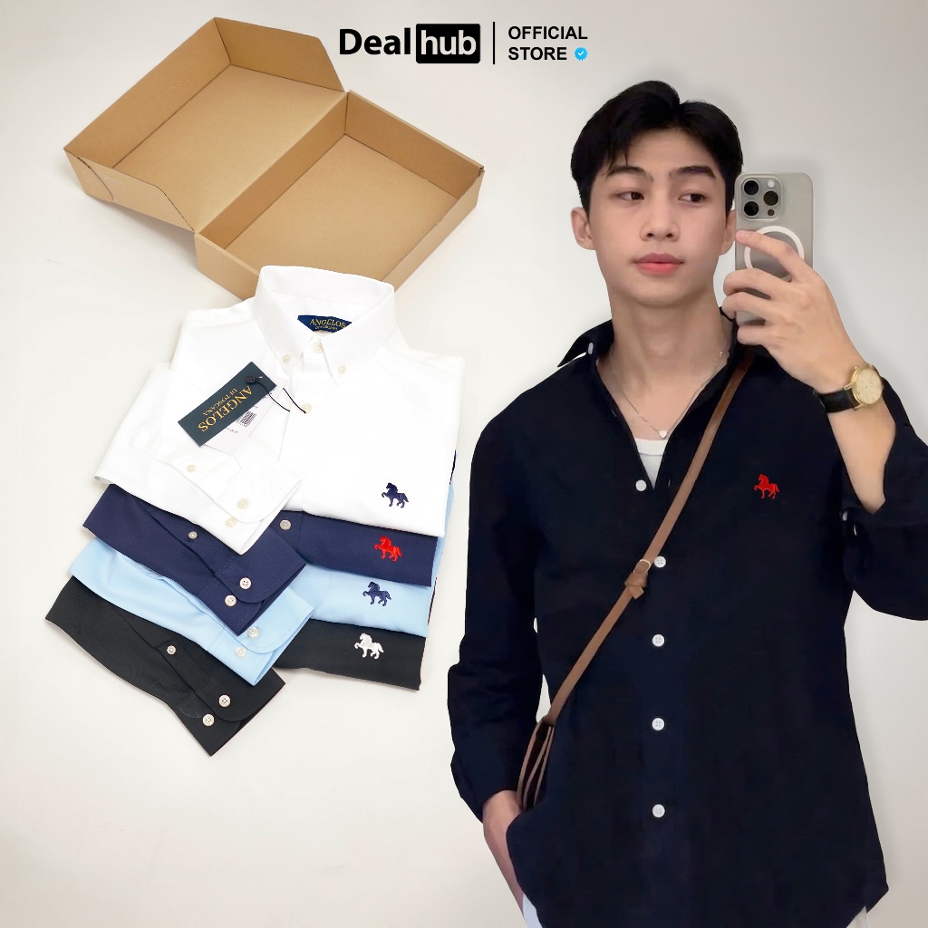 เสื้อแขนยาว Angelos ปักม้า ผ้าคอตตอนเนื้อนุ่มคุณภาพสูง ไม่ยับ นุ่มเนียน เข้ารูปปกติ