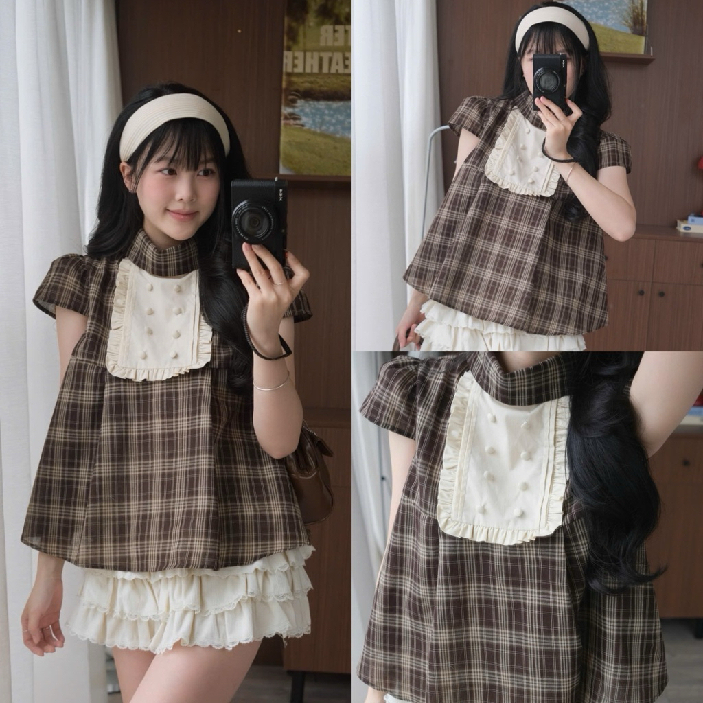 เสื้อเบลาส์ลายตารางหมากรุกของผู้หญิงพร้อมคอปกยกทรงครีม - เสื้อเบลาส์ BabyDoll สุดน่ารักพร้อมปกยกทรง 