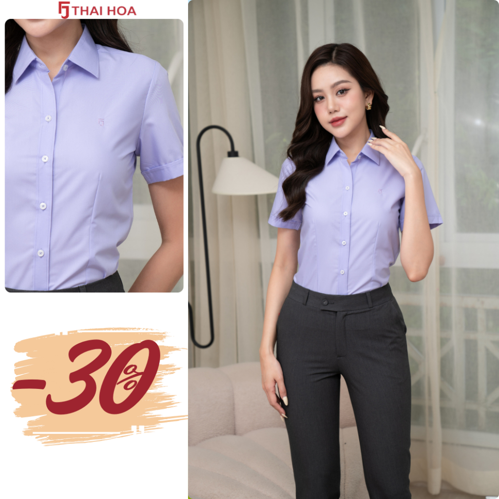 เสื้อเชิ้ตผู้หญิง แบบไทย ฮ่าฮ่า N047-08 ผ้าคอตตอนสีพื้นนิ่ม ทรงแขนสั้นสีม่วง แฟลตนิ่ง หลายขนาด