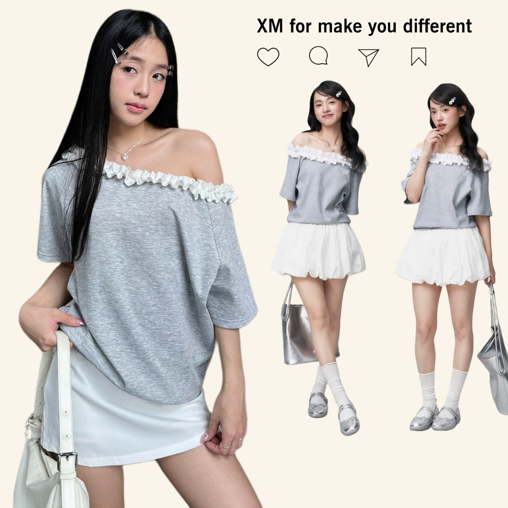 เสื้อยืด Xu Min Min Made of Korean Cotton Boxy Shape Under 78kg Ruffled Grey (Rufflesสีเทา)