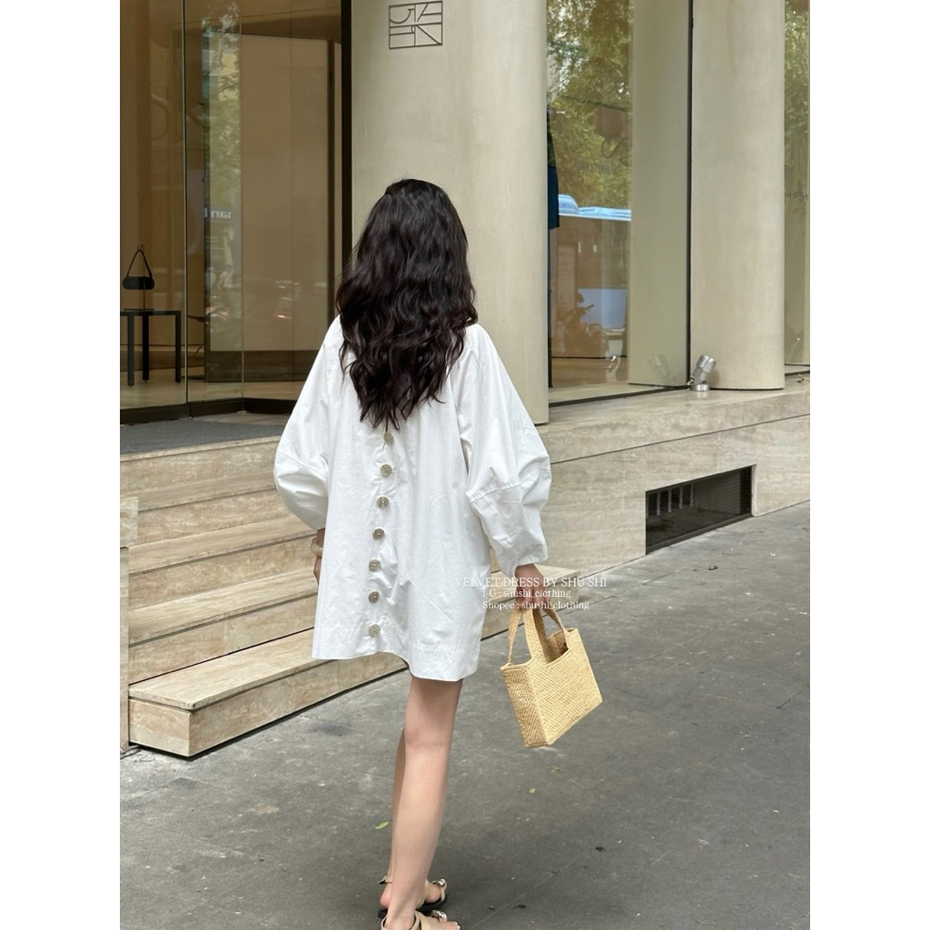 เดรสกํามะหยี่ | ชุดเดรสหลังปุ่มแขนสั้น Poplin คุณภาพสูง (รูปถ่ายเดิม)