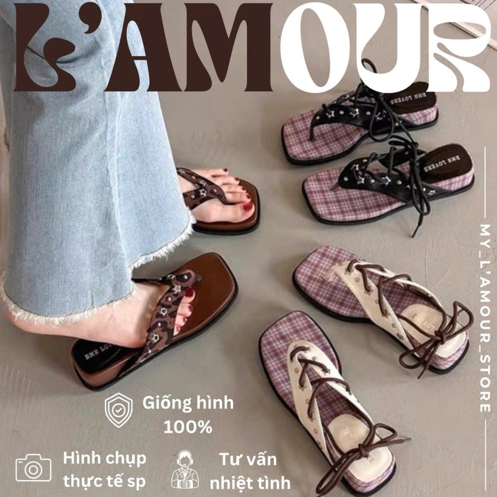 (AVAILABLE BROWN 36)(BACK 1 SIZE) 4P High Square Sole Flip-flops with Lace-up Classic Style Y2K -Her